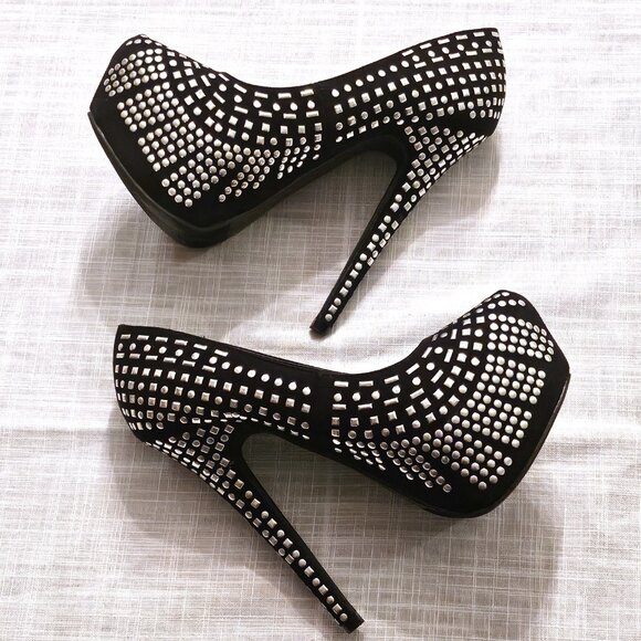 JUST FAB Delphyne Platform Studded Black Stiletto 6" Heels - Size 6 - Picture 4 of 6